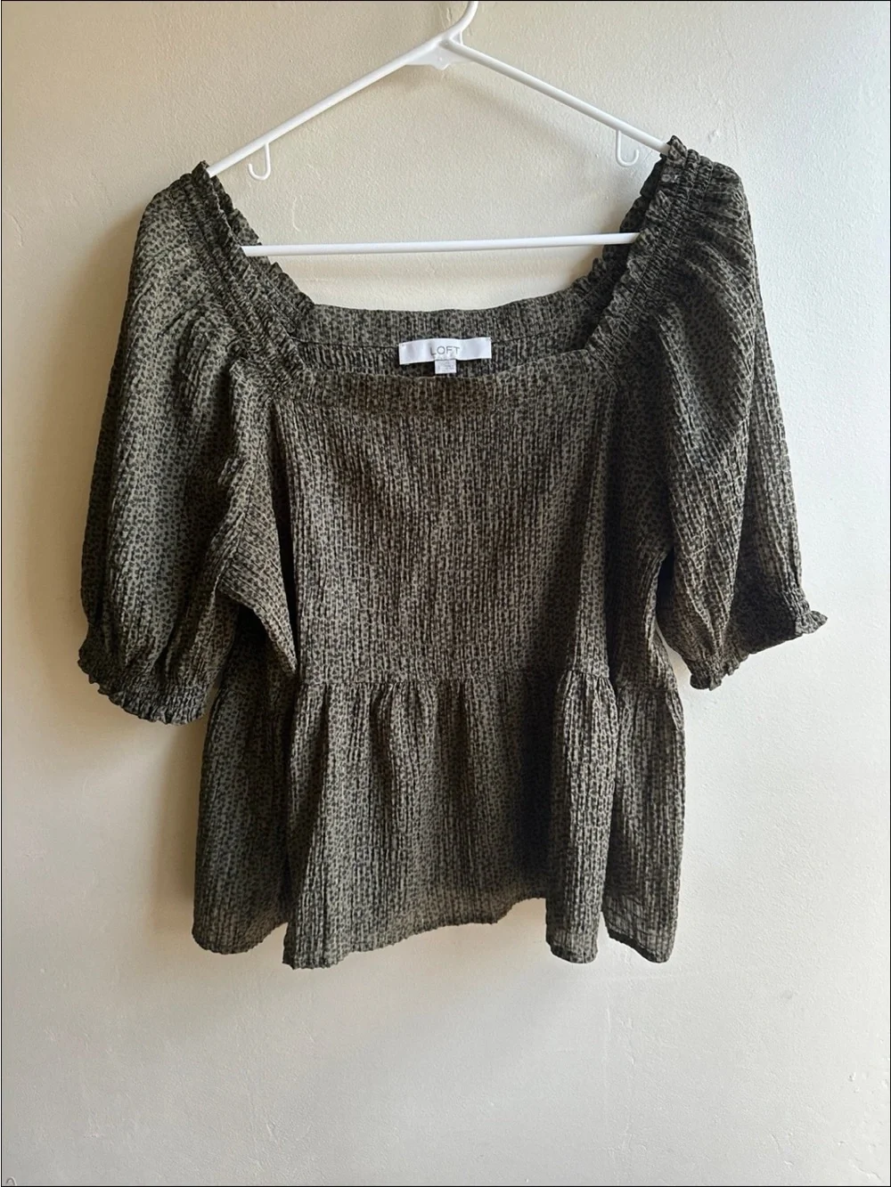 LOFT Olive Smocked Square Neck Peplum Blouse